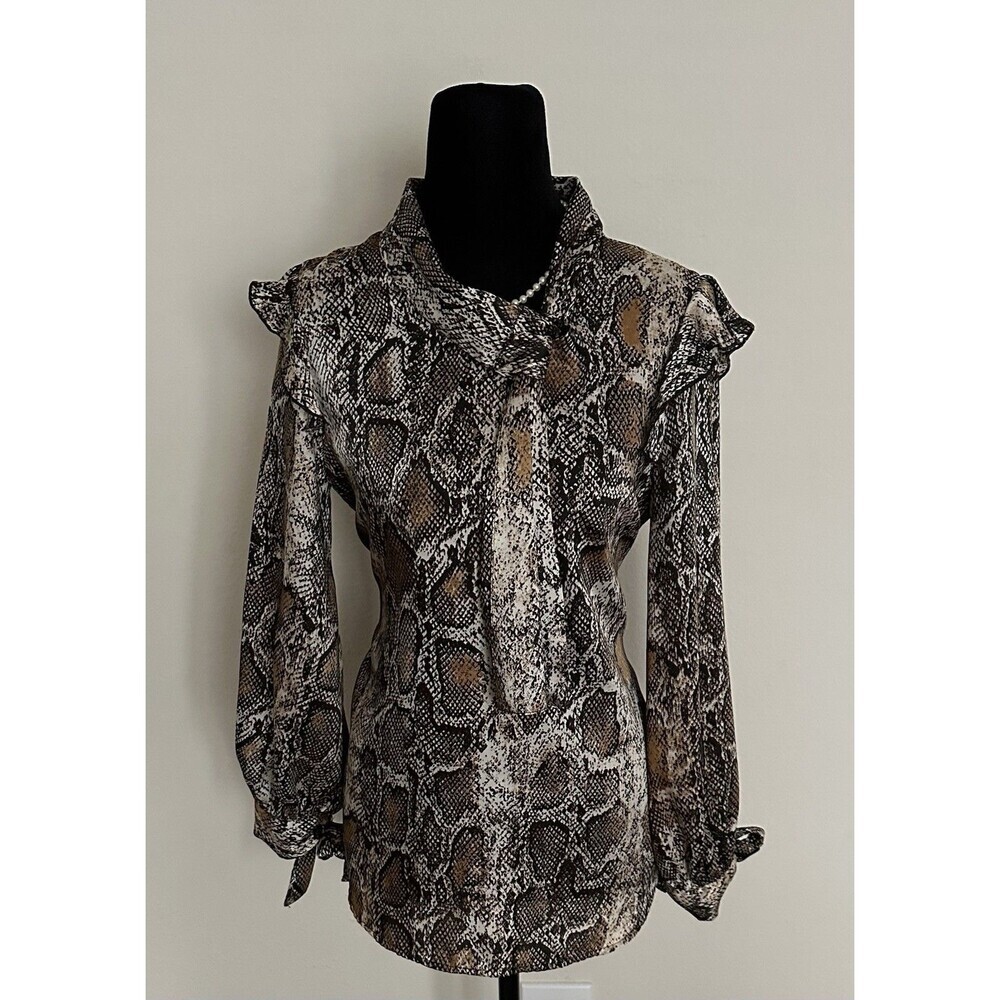Zara Women's Snake Print Ruffled Career Blouse Sz XS With Tie Neck Long Sleeves